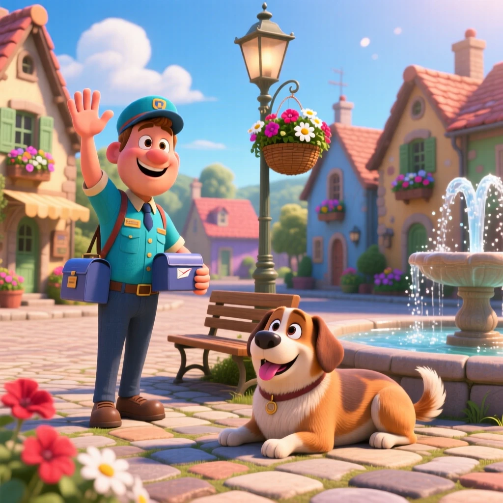A mail carrier waving to a neighborhood dog is captured at a village square during a quiet afternoon, with a friendly dog resting nearby. A simple contentment radiates through the scene.
