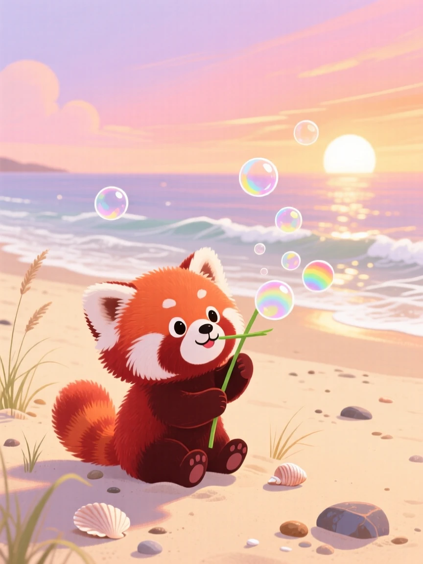 In a sandy beach at sunrise, a red panda cub spends the afternoon blowing bubbles with a reed, as tiny bubbles float upward.
