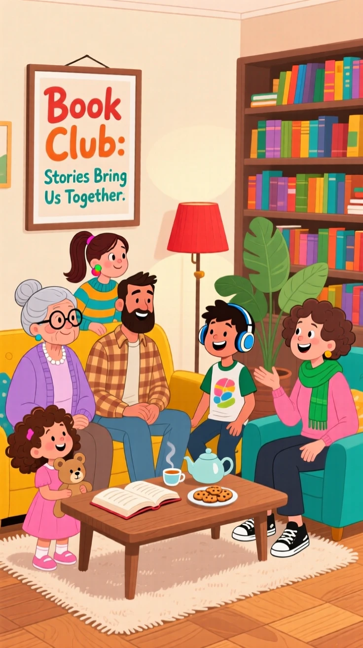 A cross-generational book club meeting in a cozy living room.