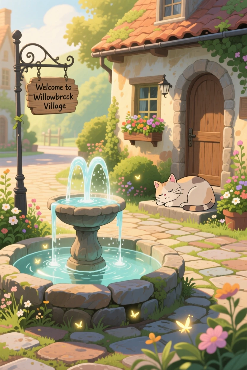 A small village square with a bubbling fountain, with a cat dozing on a warm doorstep, in the soft morning light.
