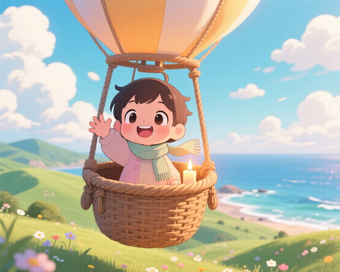 Three-quarter view of a small child, waving from a hot air balloon basket, in a sky full of fluffy clouds over rolling hills, on a breezy coastal afternoon, illuminated by gentle candlelight, radiating peaceful calm.