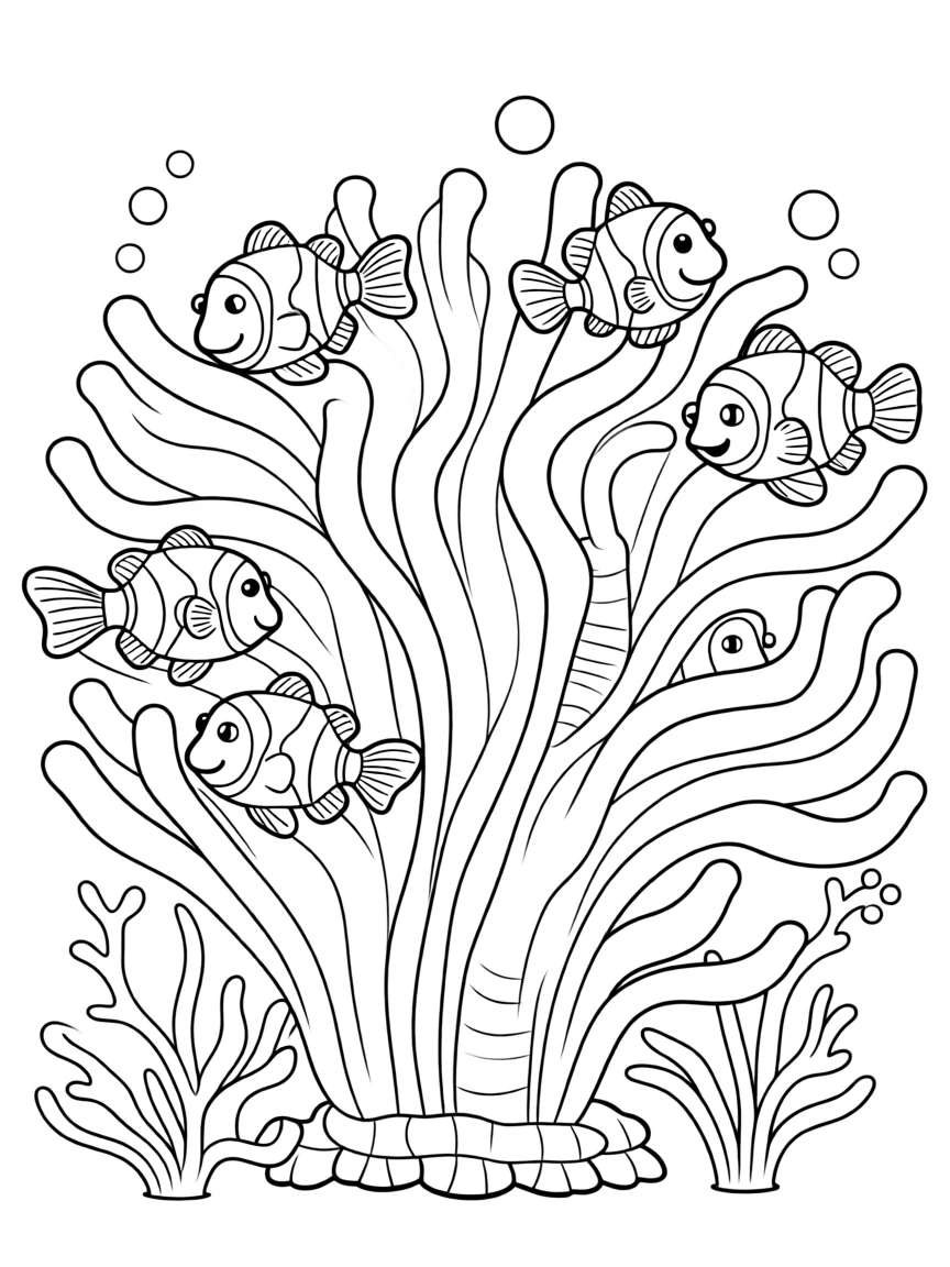 A group of clownfish playing hide and seek in an anemone