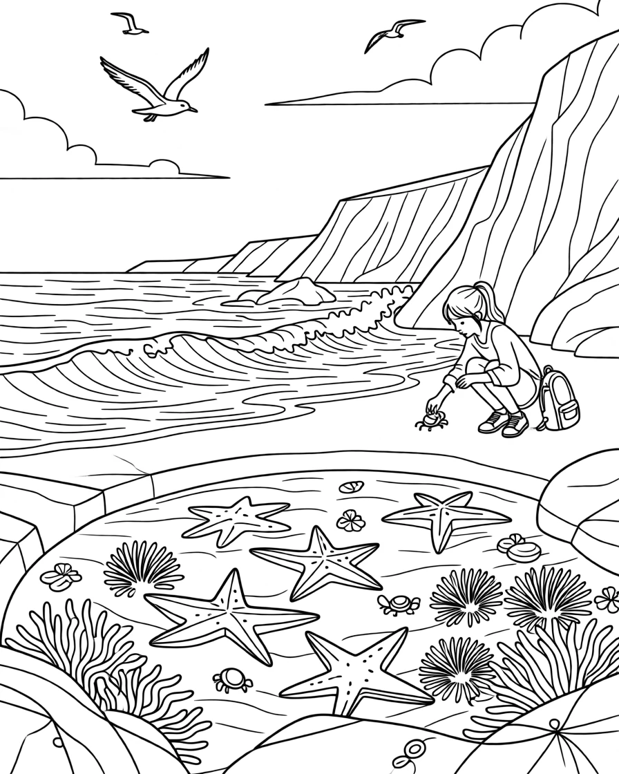 A tide pool full of starfish, anemones, and hermit crabs, with waves crashing dramatically in the background.