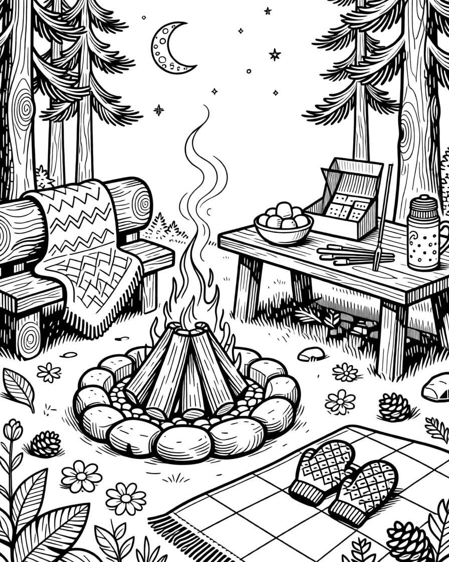 A cozy s'mores station scene beside a crackling campfire.