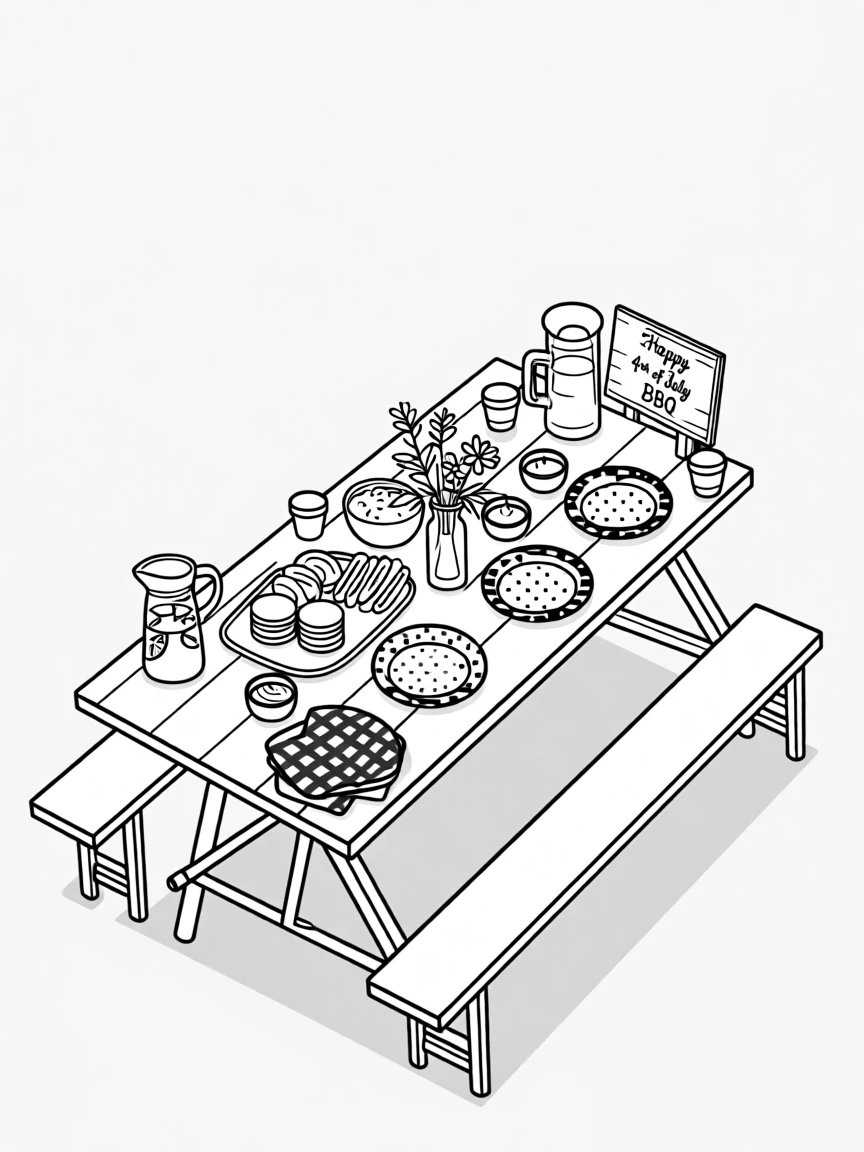 A picnic table set for a Fourth of July barbecue