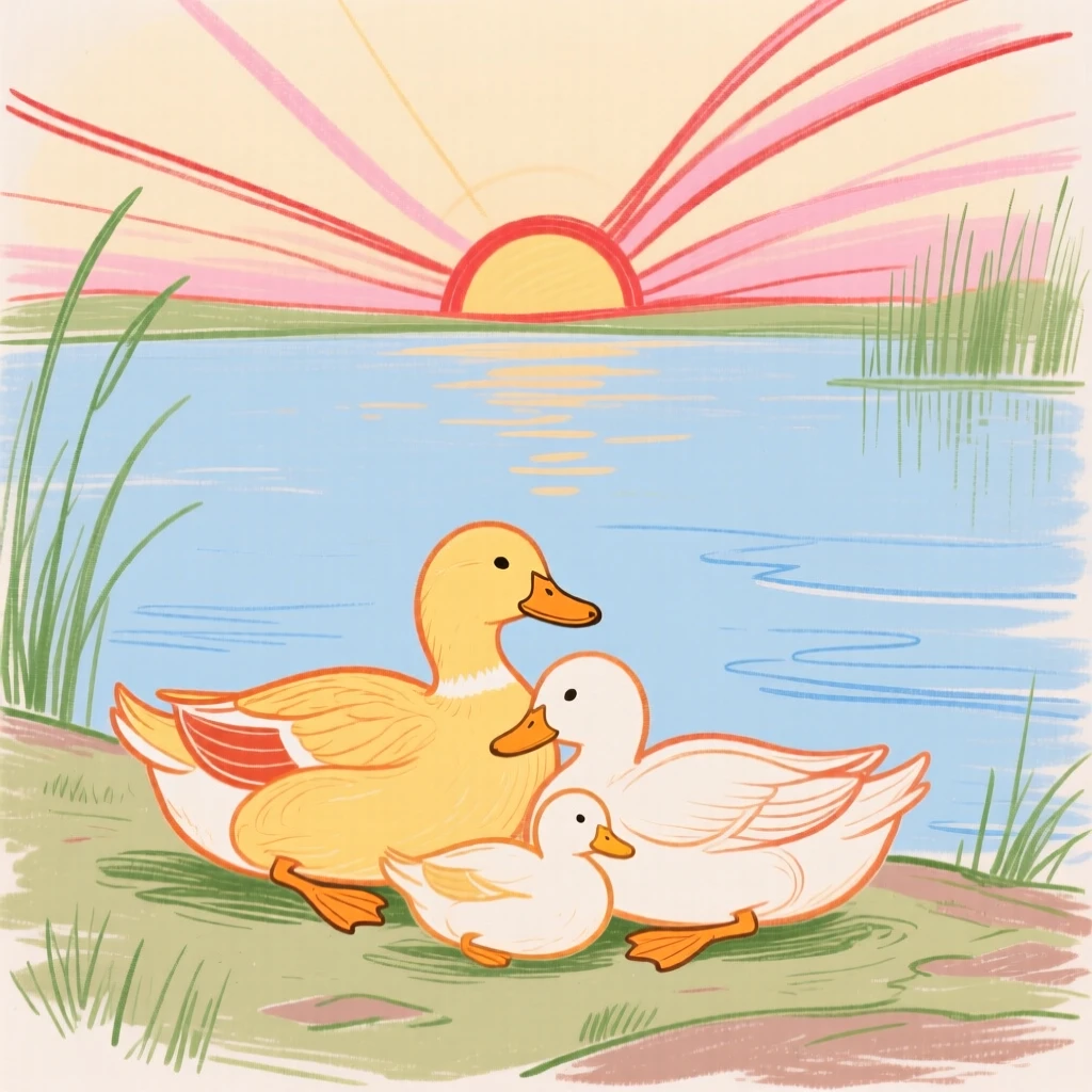 A family of ducks curled up together beside a still lake at sunrise.