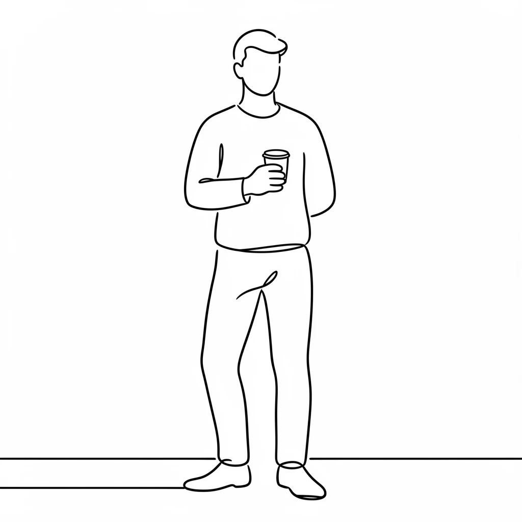 A commuter waiting on a train platform with a coffee cup in hand