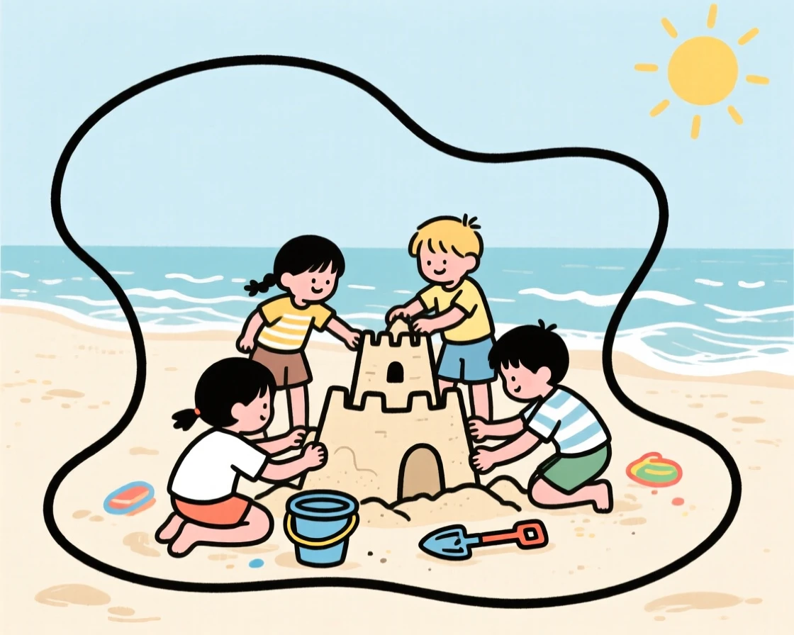 A group of children building a sandcastle during a summer beach vacation.