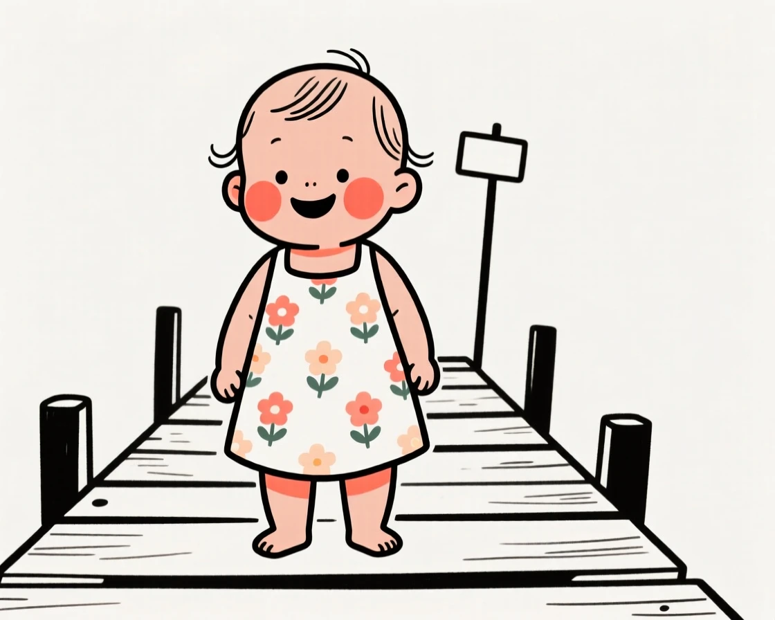 A curious baby of Peruvian heritage in a floral summer dress, grinning mischievously, on a wooden fishing pier.