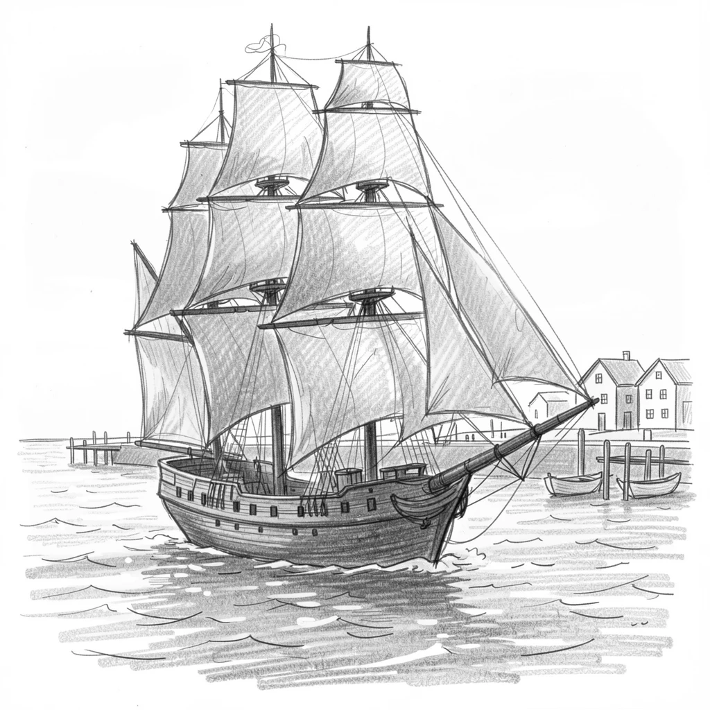 A tall ship with full sails at sea, beside a sparkling harbor, with warm evening light glowing across its surface.