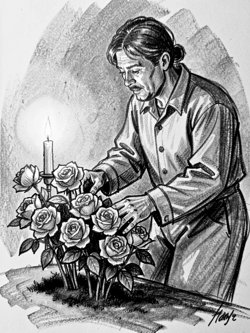 A gardener tending to a row of blooming roses, as soft candlelight flickers nearby.