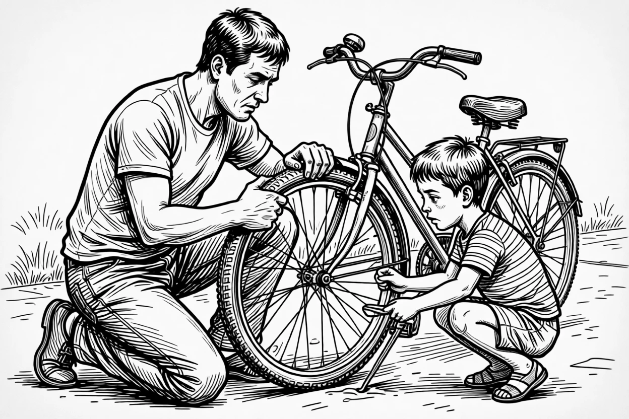 A man teaching his son how to change a bicycle tire.