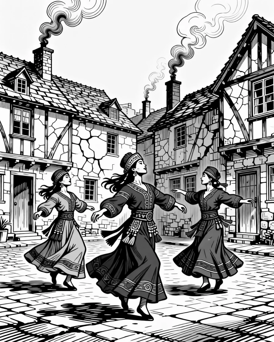 A traditional dance performed in colorful costume as smoke rises gently from nearby chimneys, with the rich texture of aged stone and wood, portrayed in an epic and majestic historical scene.