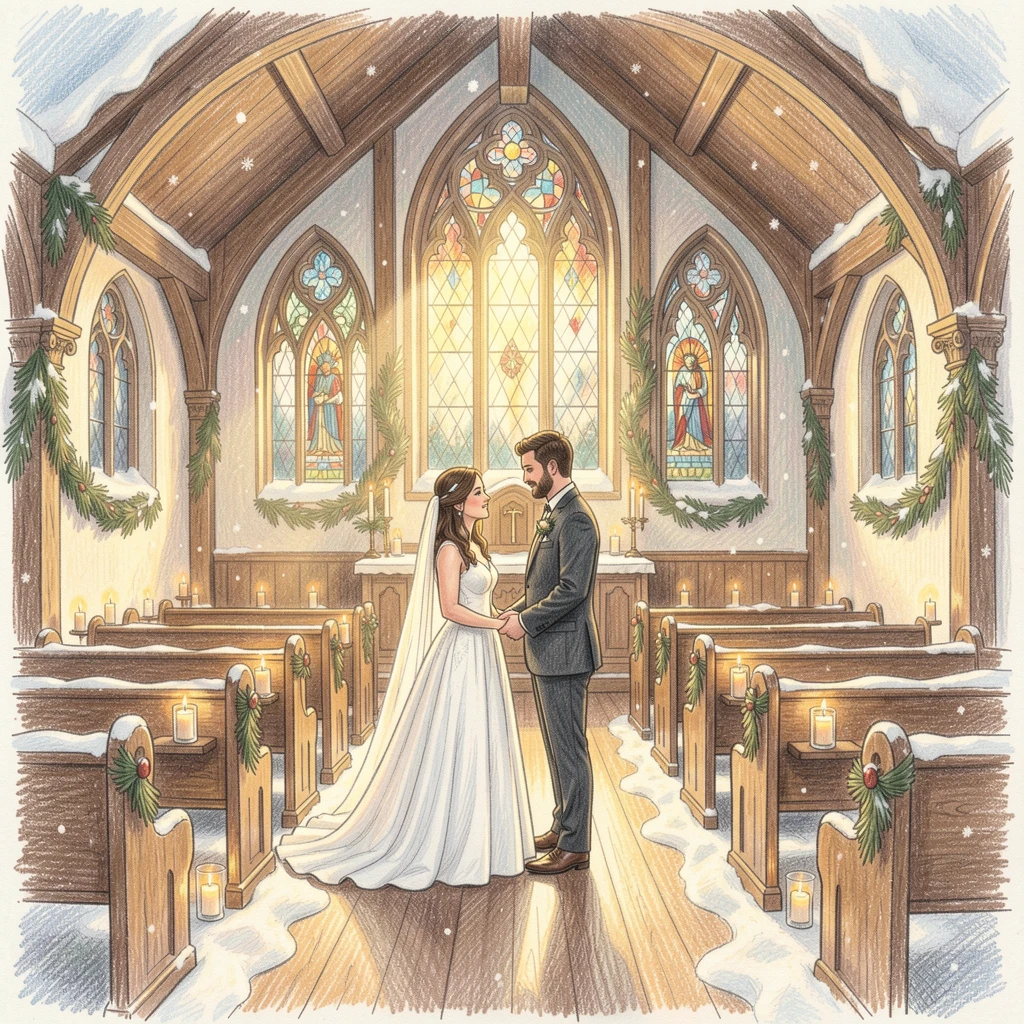 A winter wedding in a snow-covered chapel with candlelight glowing, bathed in the warm glow of golden-hour light, evoking nostalgia and a deep sense of contentment.