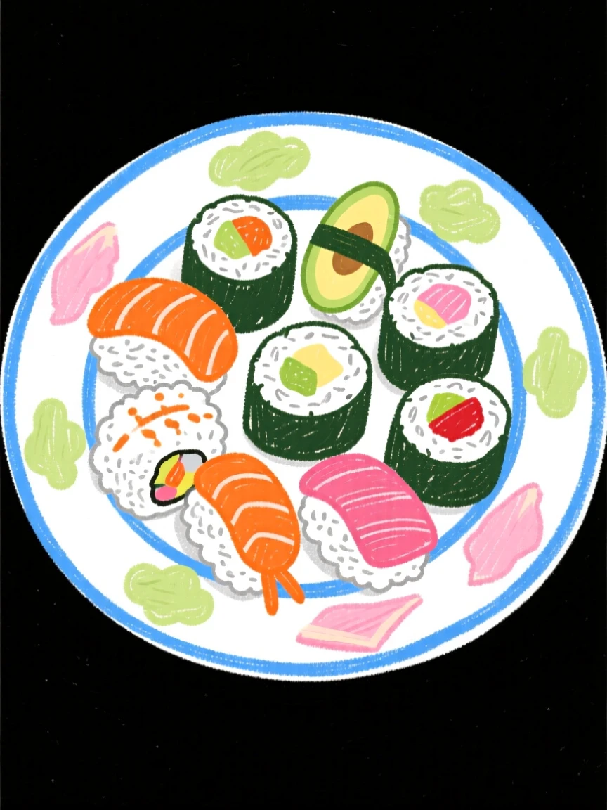 A plate of sushi rolls arranged with pickled ginger and wasabi.