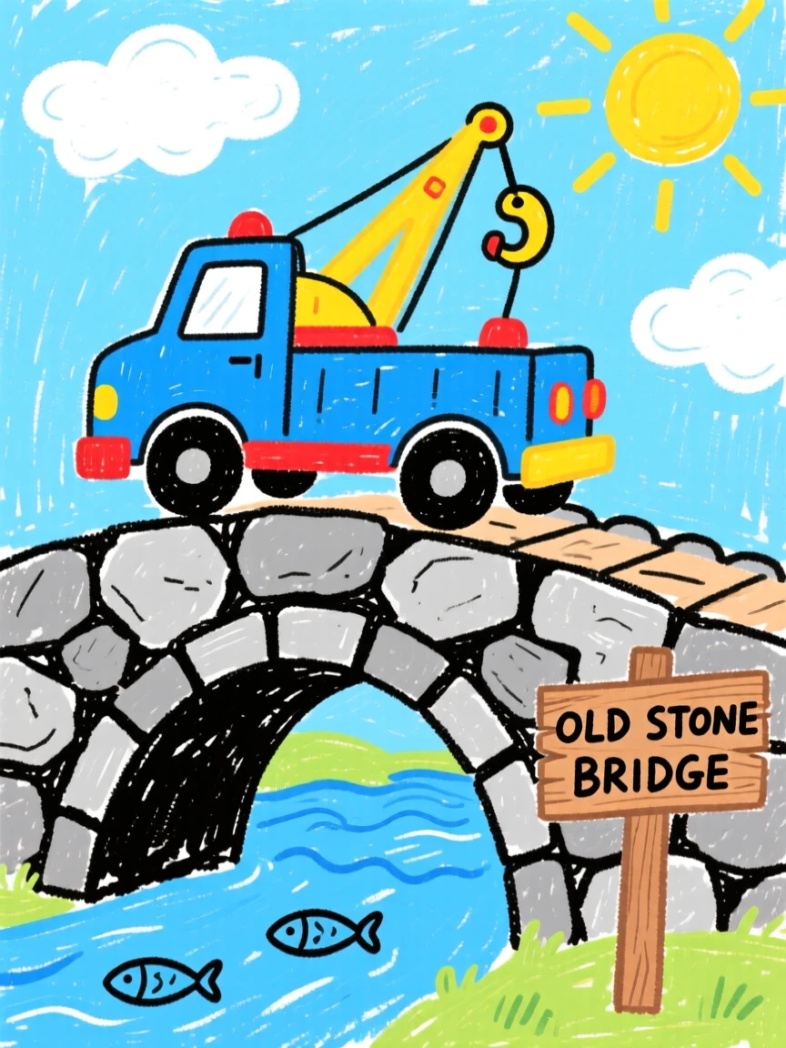 A bright blue tow truck crossing an old stone bridge.