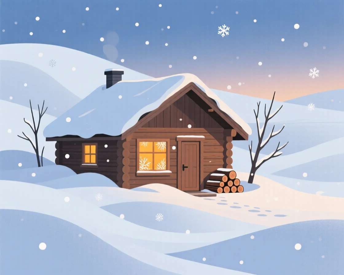 A cozy cabin surrounded by deep winter snowdrifts, surrounded by warm or cool seasonal tones, composed with a calm, seasonal simplicity, with charming small details that evoke the season perfectly.