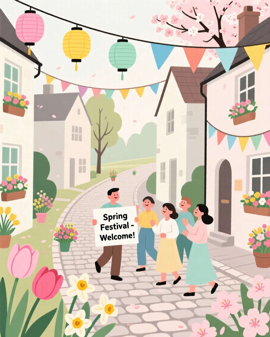 A spring celebration with colorful decorations filling a village street.