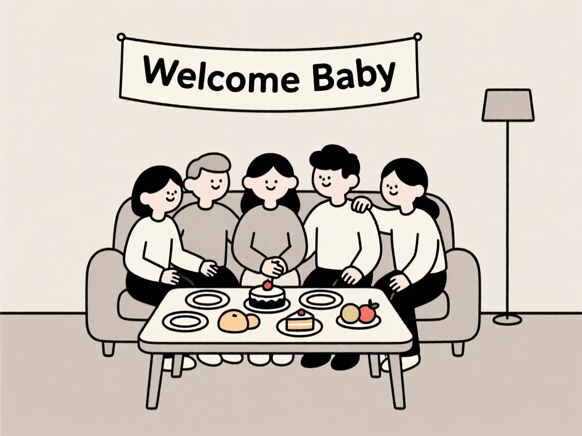 Friends gathered for a baby shower in a cozy living room, surrounded by a table of festive food, radiating heartfelt gratitude.