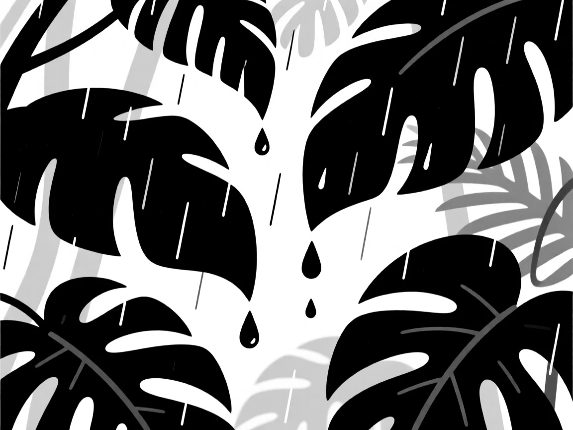 A rainforest canopy dripping after a storm.