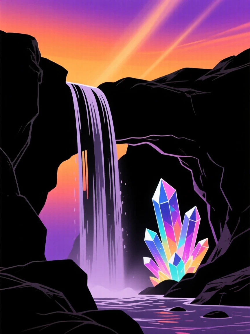 A hidden waterfall concealing the entrance to a glowing crystal cave.