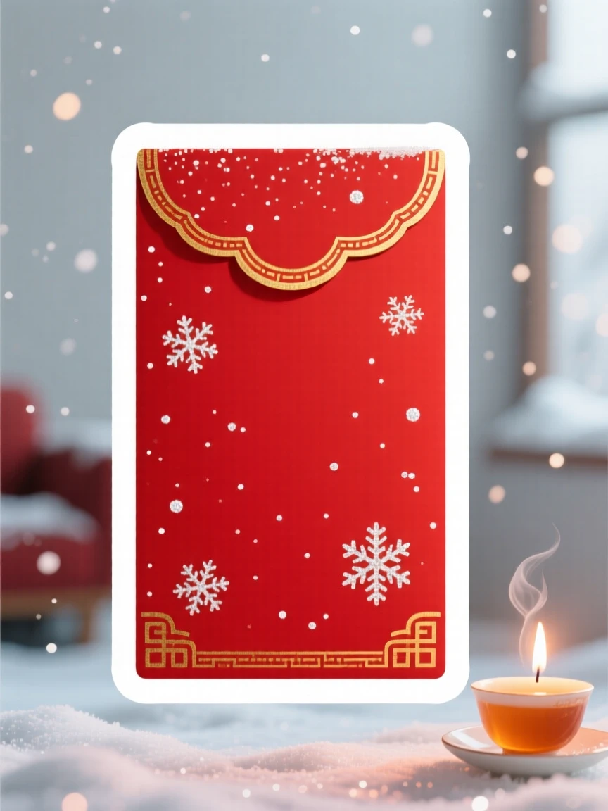 A spirited and joyful Chinese New Year red envelope with gold trim, with a light dusting of glittering snow, on a cozy holiday evening at home.