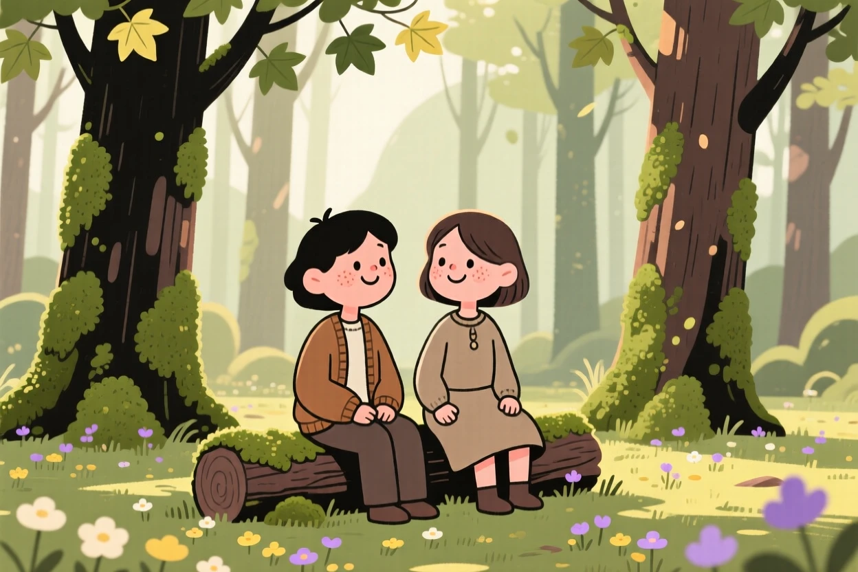 Sunlight filters through a dense woodland of moss-covered maples, casting soft green light across a forest floor scattered with patches of wildflowers.