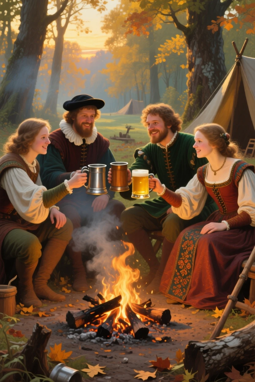 A medium shot of friends toasting with mugs of cider around a crackling campfire, in the Renaissance period, at golden hour.