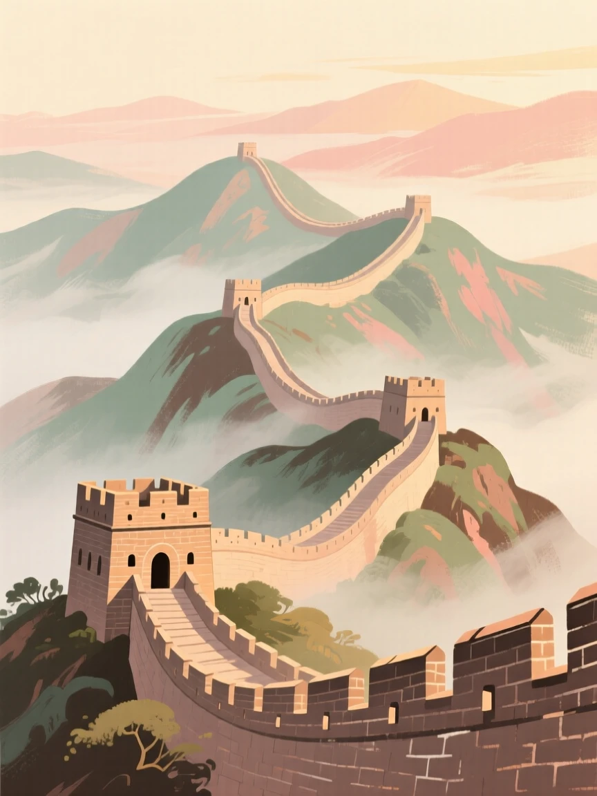 The Great Wall of China winding across misty mountain ridges