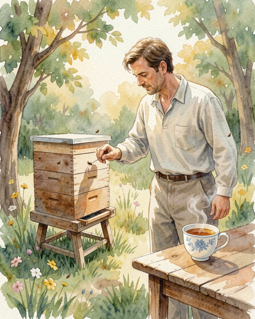 A man tending a beehive in his backyard with a warm cup of tea nearby.