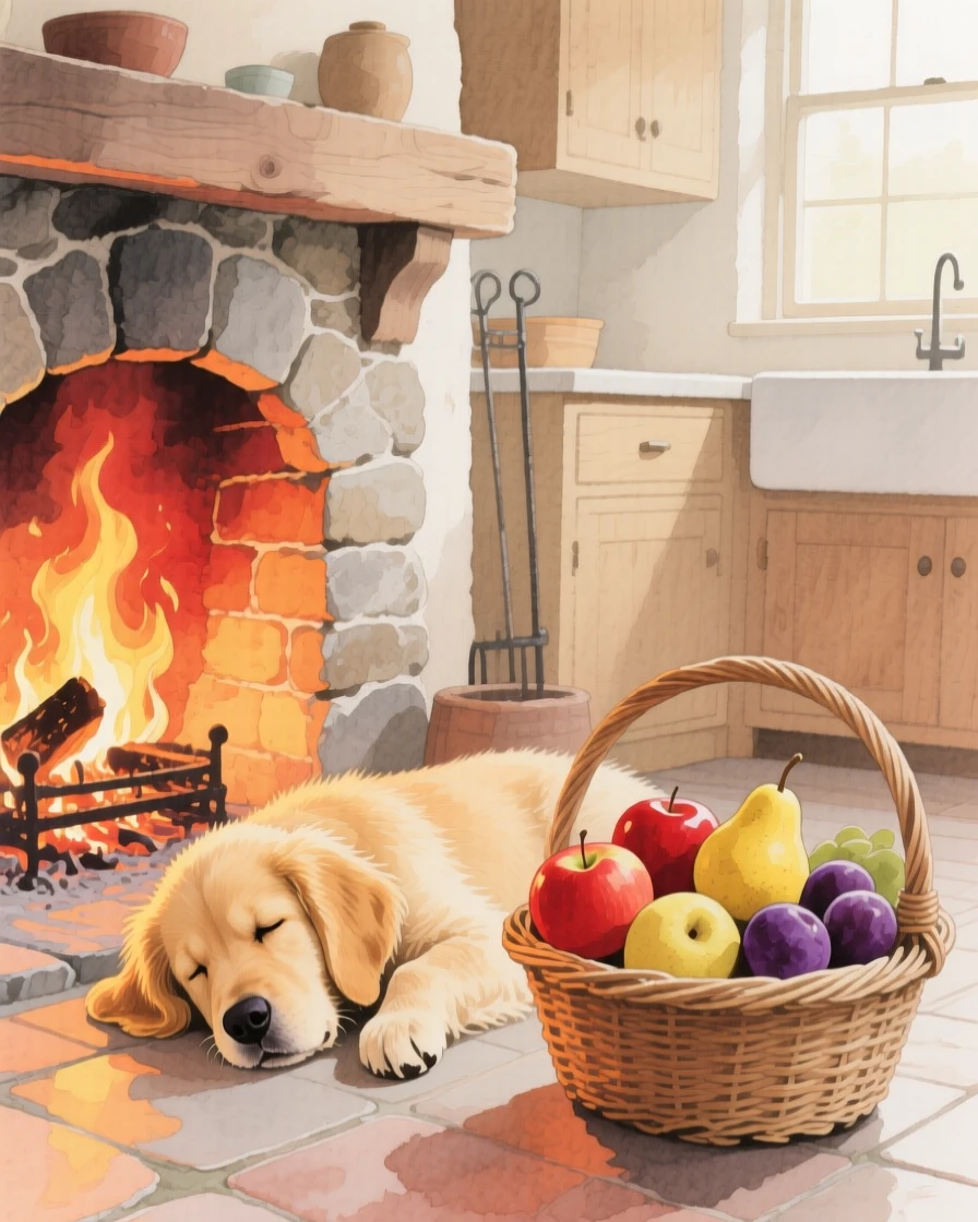 A golden retriever puppy dozes beside a warm hearth in a rustic farmhouse kitchen, beside a basket of ripe fruit
