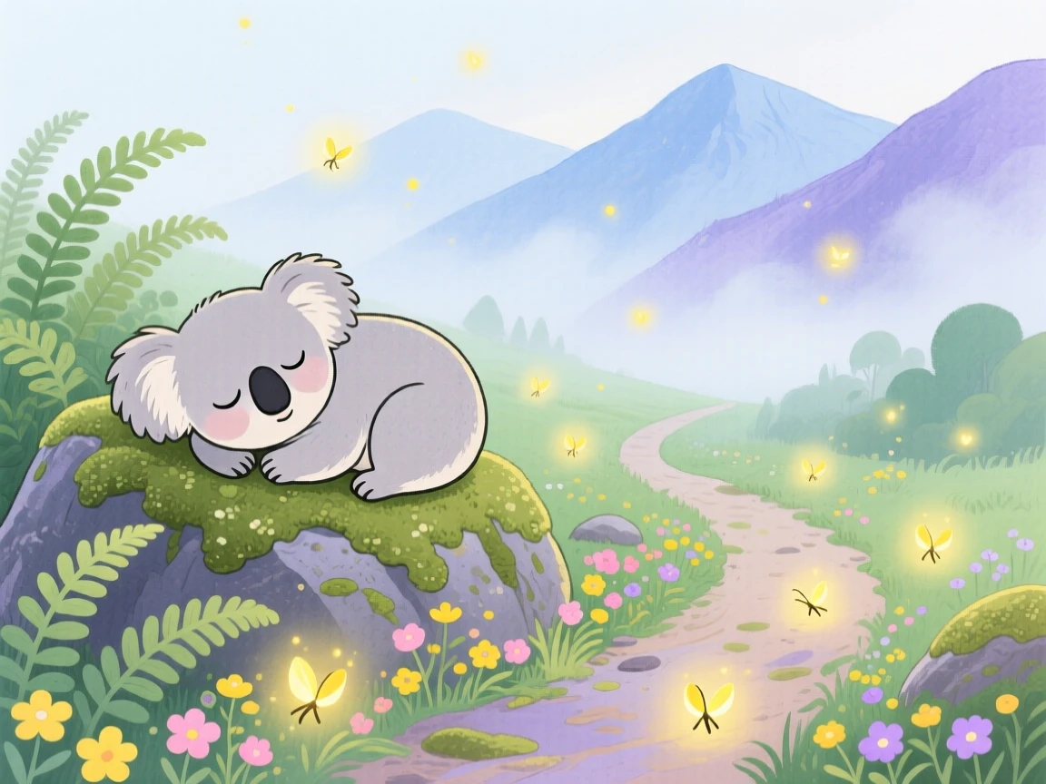 A sleepy koala resting peacefully in a misty mountain trail as fireflies begin to glow.