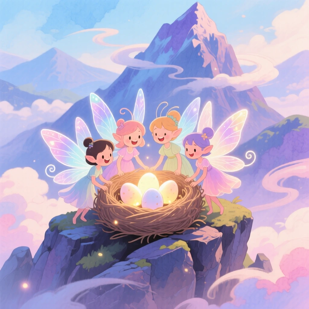 A playful group of fairies curling protectively around a nest of glowing eggs, in a mystical mountain peak wrapped in clouds, brimming with magical warmth and beauty.