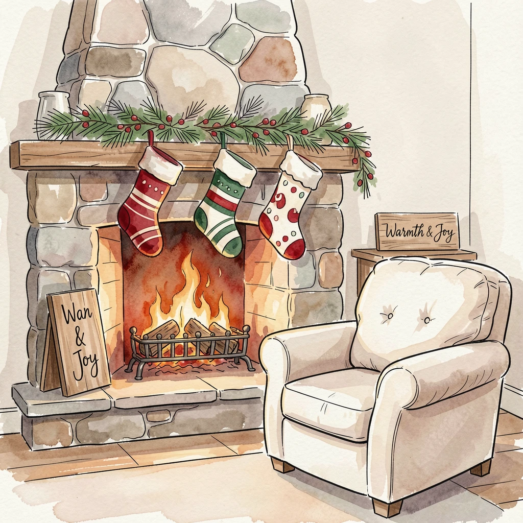 A cozy winter evening with stockings hung and a fire crackling softly, a festive warmth filling the entire scene.
