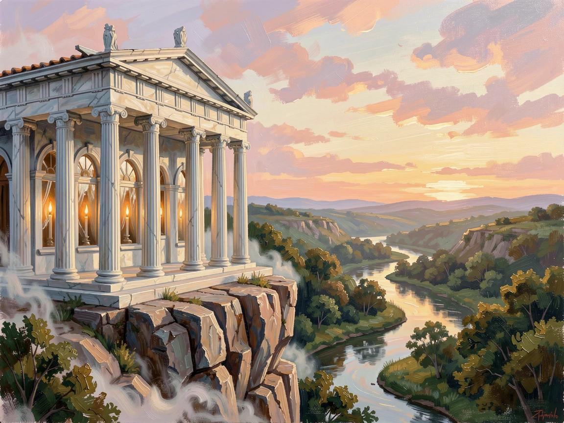 At sunrise, mist clinging to its ancient stones, a classical marble temple with towering columns, overlooking a winding river far below, candlelight flickering in a row of tall arched windows.