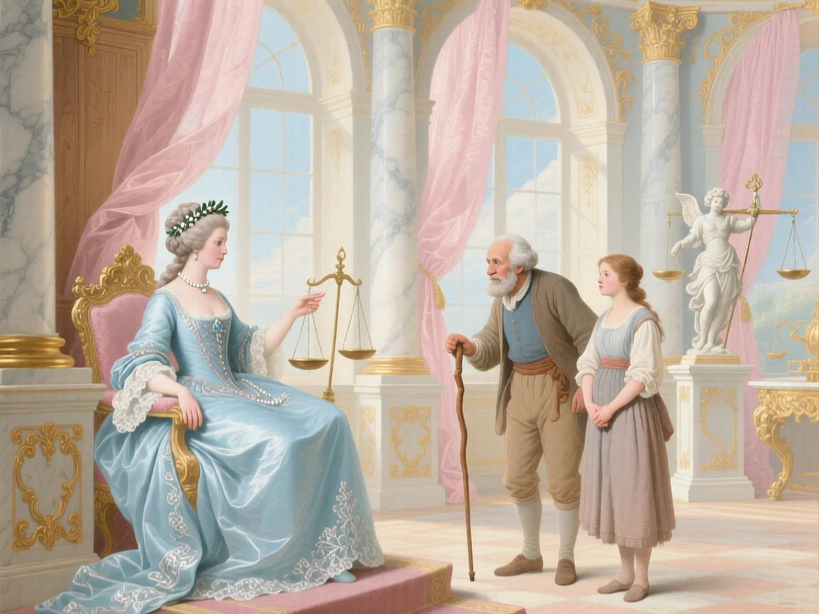A queen representing justice, listening carefully to two villagers in a grand hall  