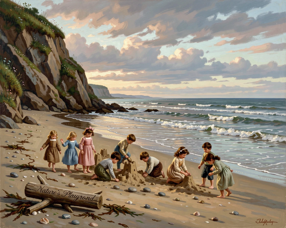 Children play along a sandy shore as gentle waves roll in at low tide.
