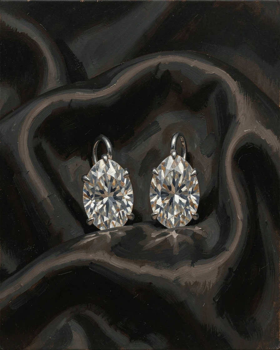 A pair of diamond earrings displayed on black silk fabric, with rich, deep colors adding a sense of opulence, designed as a sophisticated piece for upscale interior decor