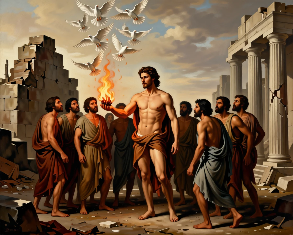 The Titan Prometheus offering fire to huddled mortals at the height of a decisive and unforgettable moment, set amid the ruins of a fallen citadel, with a flock of startled doves scattering into the sky above; the crowd forms a natural frame around the central action, charged with heroic resolve and quiet foreboding.