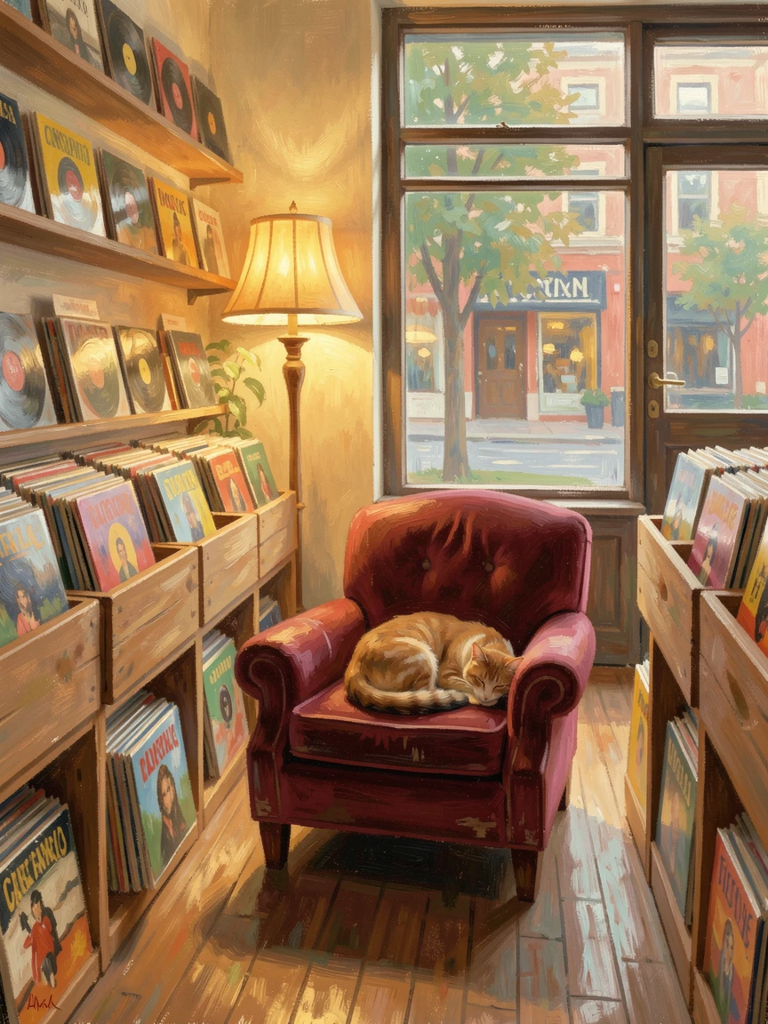 A vintage record shop with crates of albums, warm lamplight, and a cat curled on a velvet armchair, inspiring awe at the beauty of the scene.