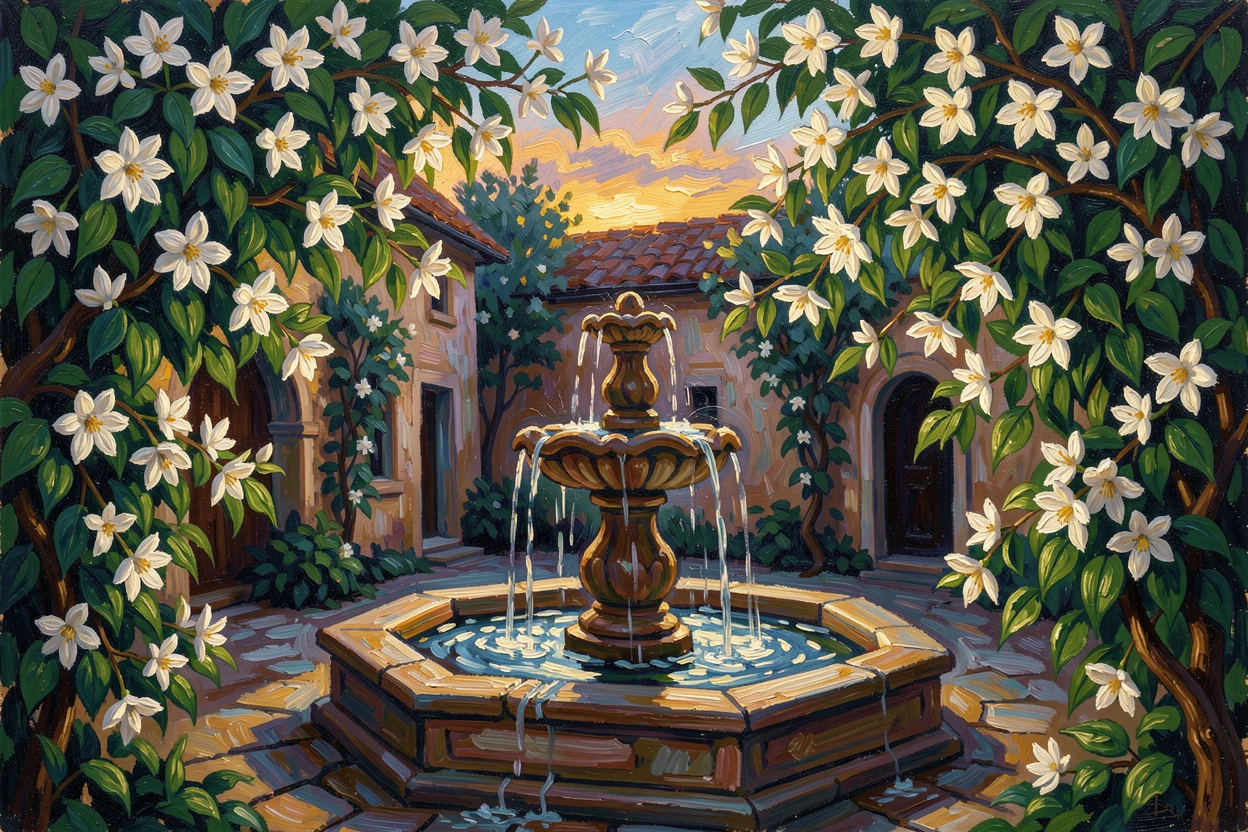 A courtyard fountain surrounded by blooming jasmine, its scent filling the evening air.