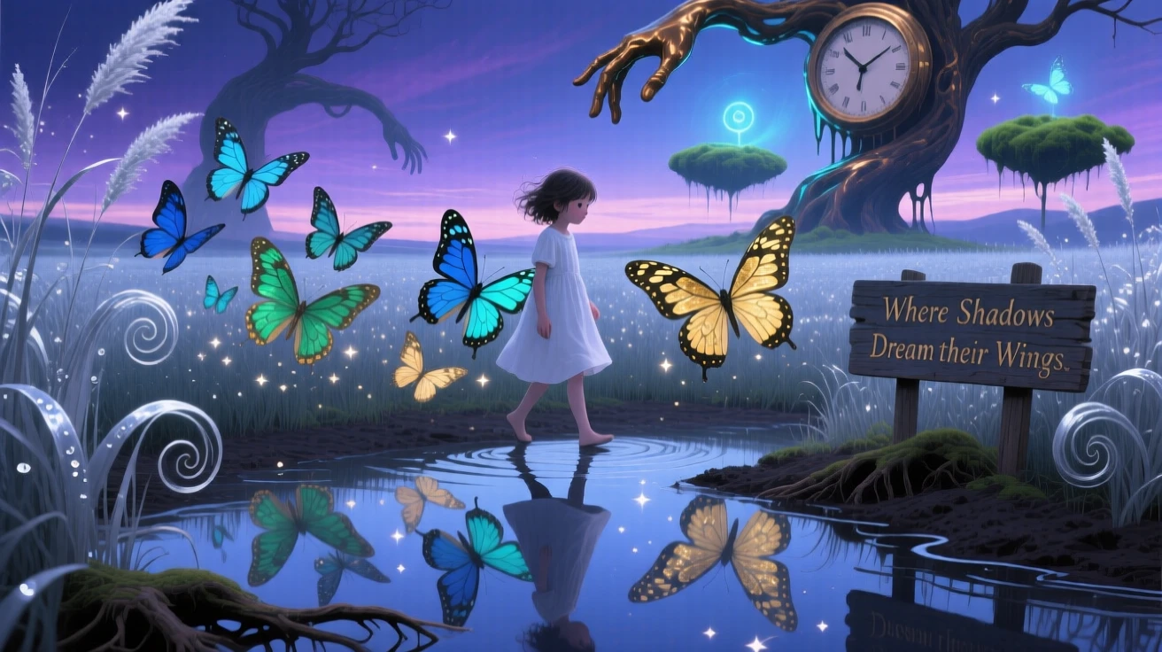 A child whose shadow is made of butterflies walks slowly through a field of tall silver grass, as the ground beneath them slowly turns to still water.