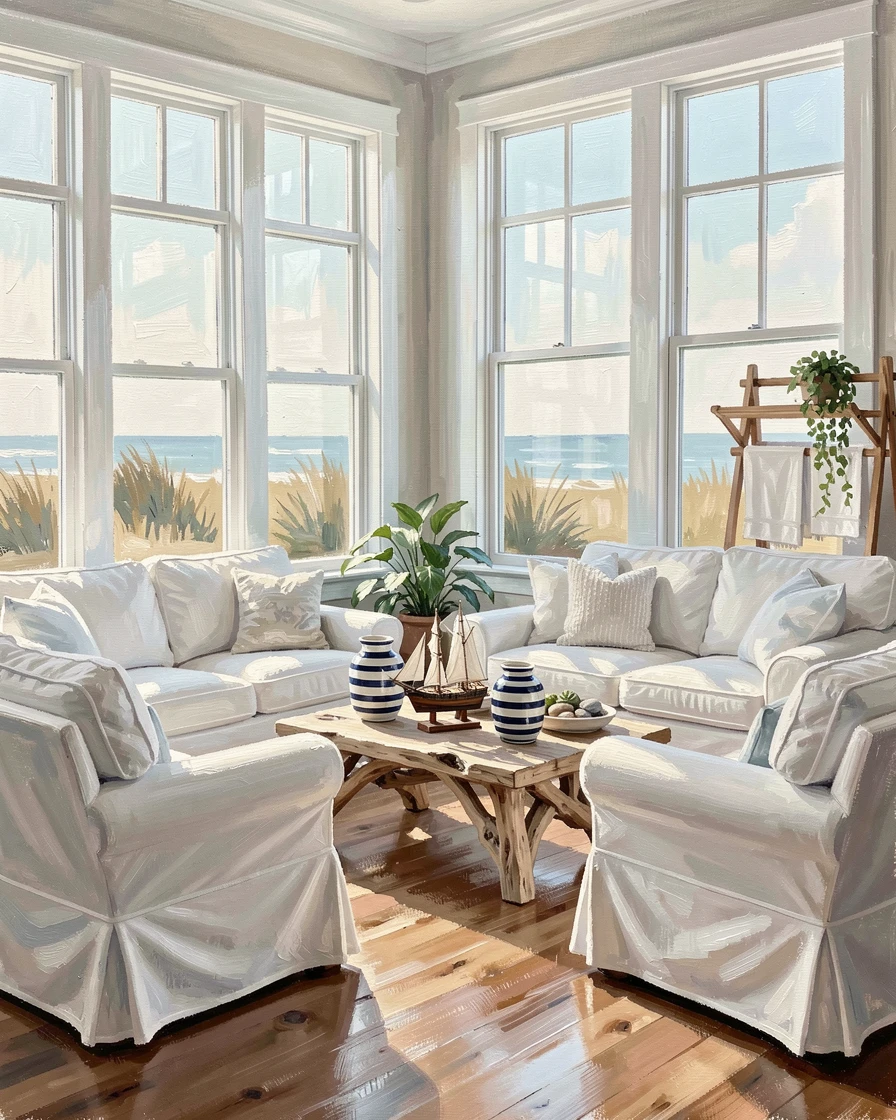An elegant coastal Hamptons living room shows white slipcovered furniture, nautical accents, and large windows framing a view of the dunes and sea, small everyday details, like drying laundry or potted plants, giving the scene a lived-in warmth.