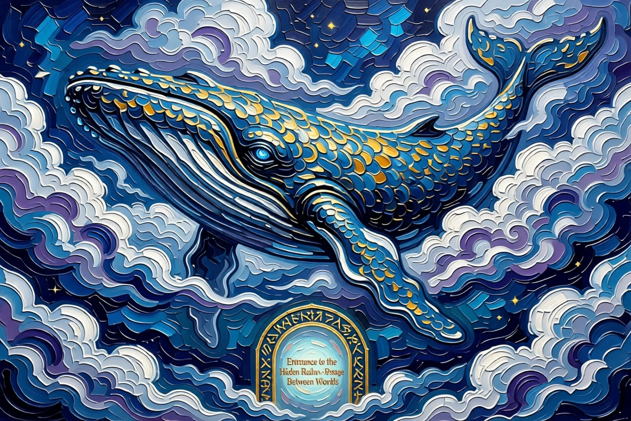 a leviathan whale gliding through starlit clouds guarding the entrance to a hidden realm between worlds