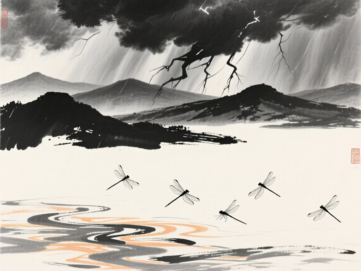 A thunderstorm gathers over distant mountains on a humid summer afternoon, as dragonflies dart above the water's surface.