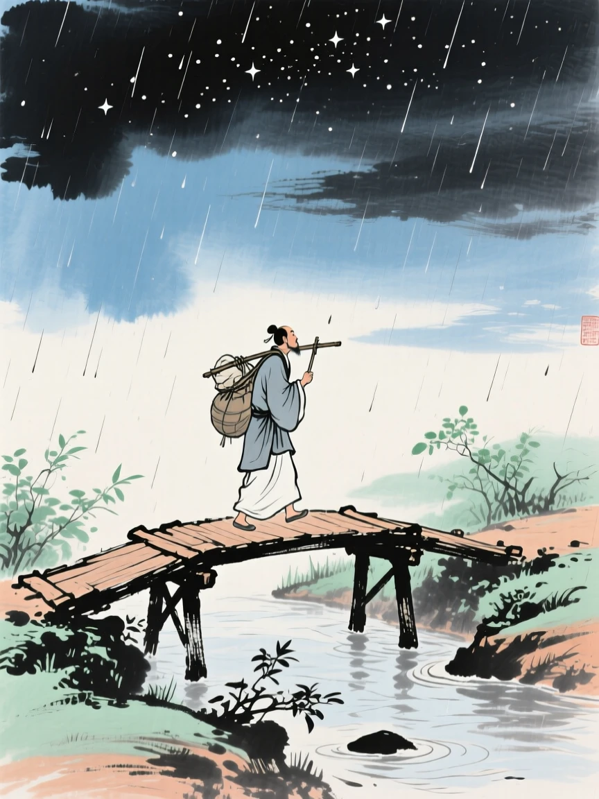 A lone traveler crossing a footbridge with a bundle over his shoulder, as summer rain begins to fall, radiating gentle serenity, under a sky full of stars.