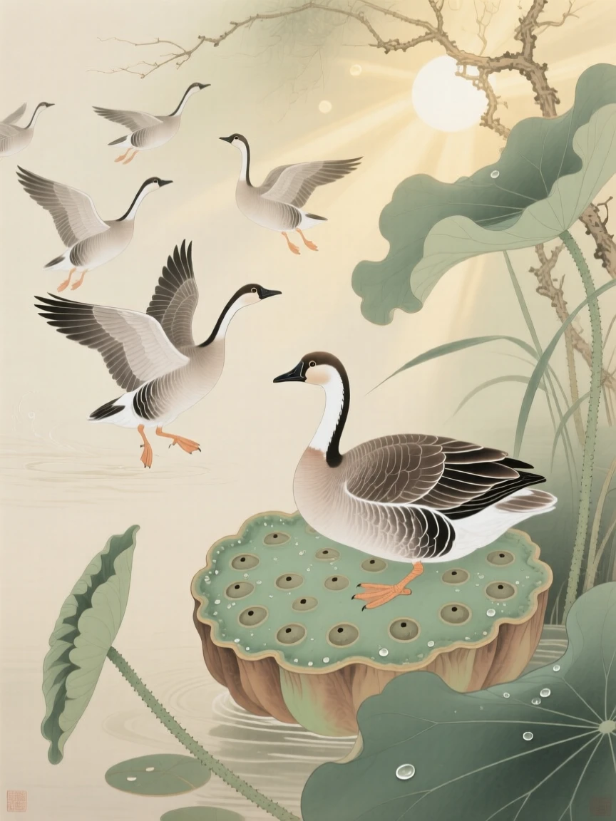A flock of wild geese landing gently on a lotus pod, soft morning light filtering through the branches