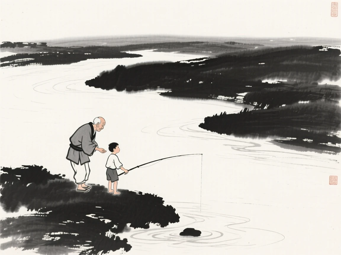 A grandfather teaching his grandson to fish by the river, framed small within a vast, quiet landscape, capturing an everyday moment full of gentle humanity.