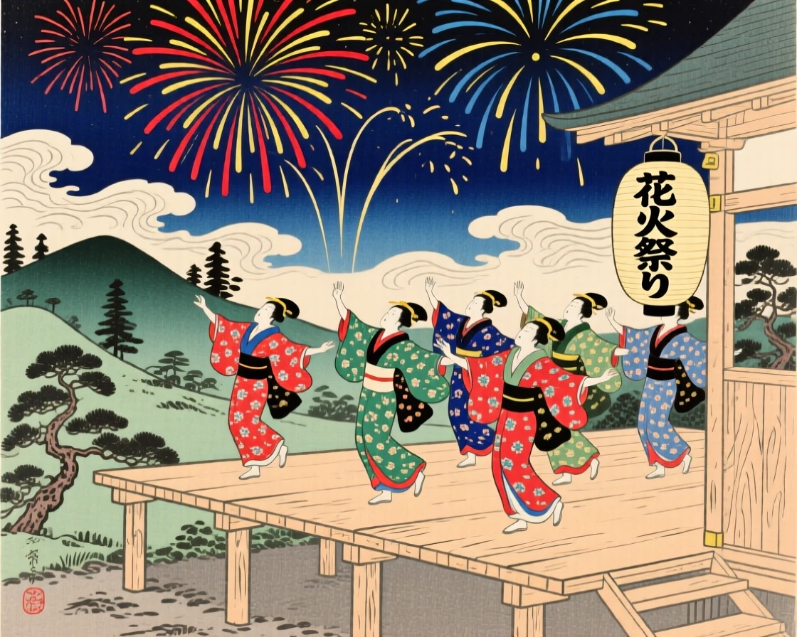 A fireworks display performing an energetic routine on a raised stage.