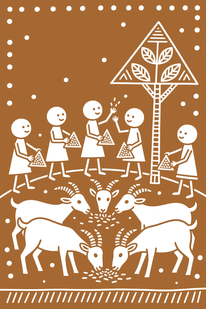 A group of children feeding a herd of goats together.